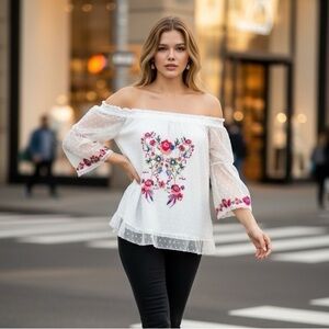 Umgee polyester cotton embroidery off shoulder sheer floral belle sleeve size S